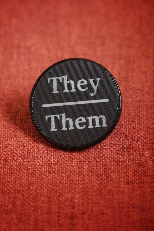 She/They Lenticular Split Pronoun Pin Badge